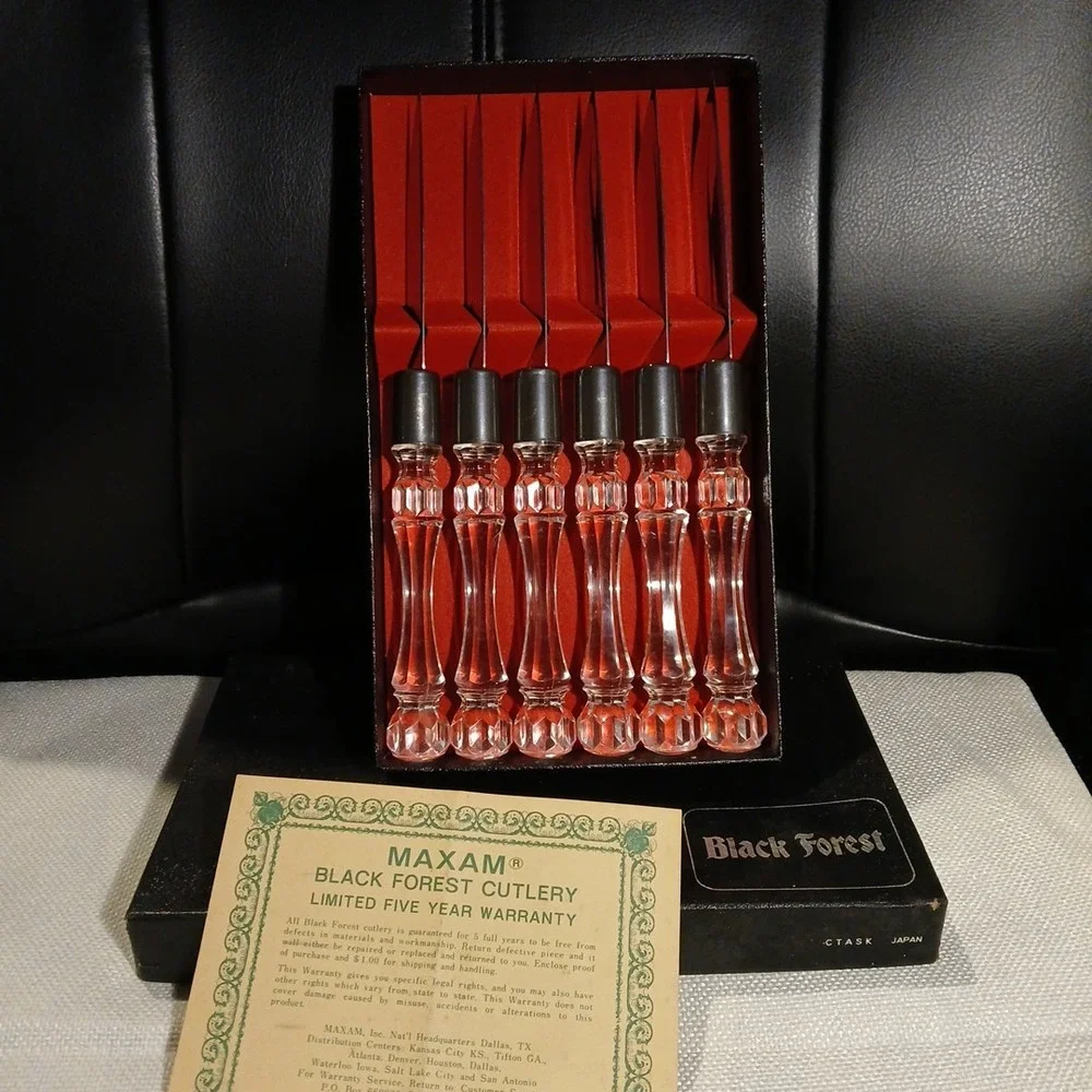 Maxam CTASK Black Forest Vtg MCM Lucite Handle‎ Steak Knives Boxed Set 6